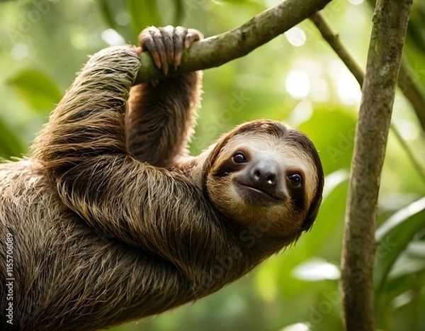 Fototapeta Funny sloth hanging on the branch of tree looking into the camera closeup shot