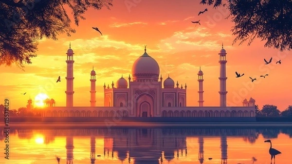 Fototapeta The Taj Mahal at sunset, with its majestic white marble and intricate architecture reflected in the still waters of the Yamuna River.