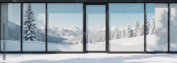 Fototapeta Glass windows with panoramic snowy mountain views in a ski lodge