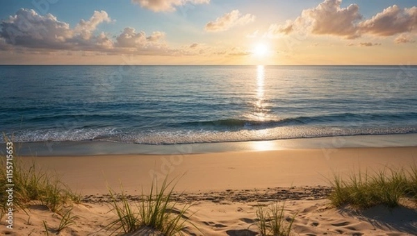 Obraz Stunning Summer Beach Scene with Pristine Sand, Gentle Waves, and a Beautiful Ocean Horizon under a Clear Blue Sky