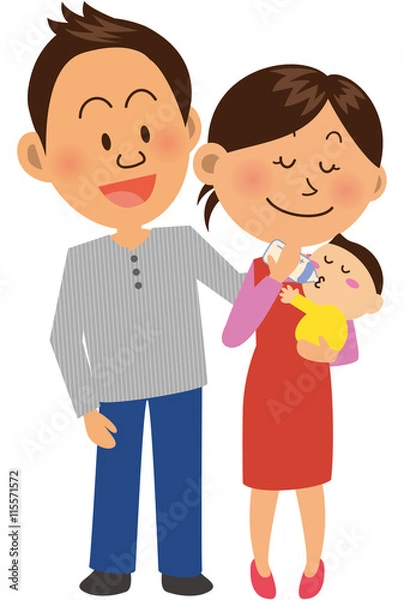 Fototapeta 赤ちゃんにミルクをあげるママとそれを見守るパパ