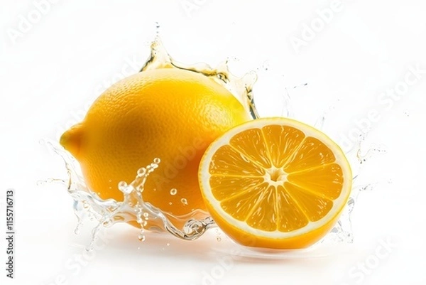 Fototapeta A fresh lemon with a sliced half, splashing water around it, highlighting freshness.