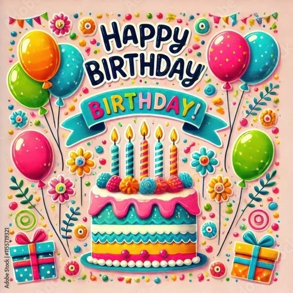Obraz happy birthday card with balloons content created with generative AI software.