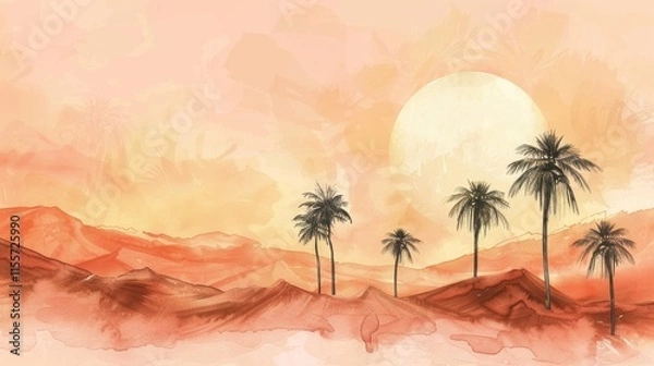 Fototapeta Serene desert oasis with palm trees, warm and inviting colors, watercolor happiness