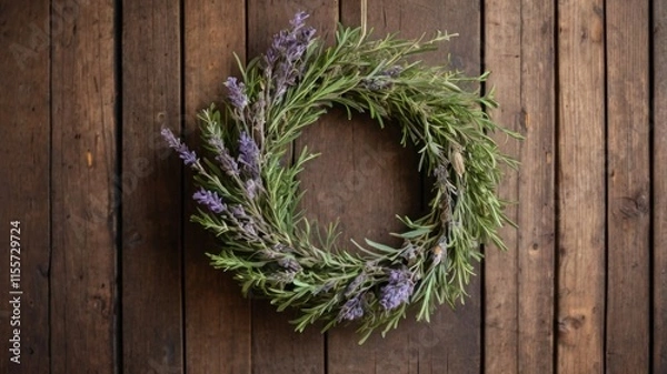 Obraz Dried Lavender Flower Wreath on Wooden Background for Natural Decor