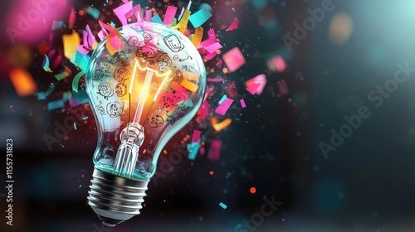 Obraz A glowing light bulb bursts with colorful confetti, symbolizing creativity and the explosion of innovative ideas.
