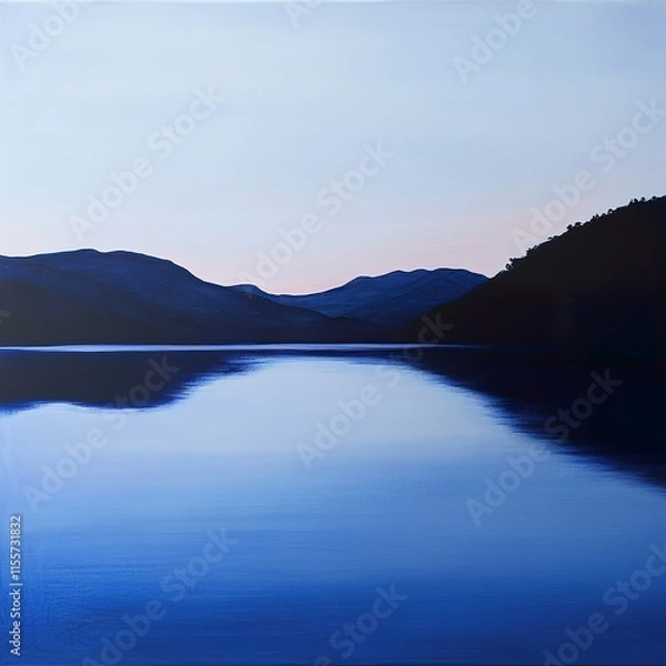 Fototapeta Serene Lake Sunset Landscape: Mountains Mirrored in Tranquil Water