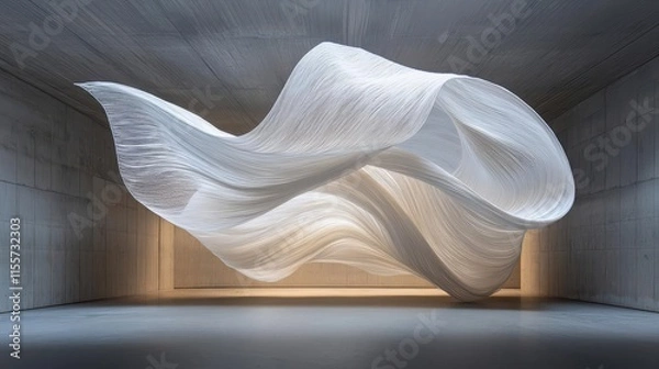 Fototapeta Abstract White Fabric Sculpture in Modern Concrete Interior
