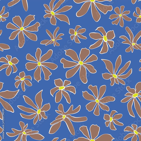 Obraz Hand drawn flower heads seamless repeat pattern on mocha brown background. Vector, botany bloomy aop, all over print.