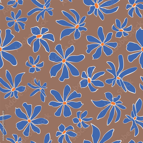Fototapeta Hand drawn flower heads seamless repeat pattern on Mocha Mousse brown background. Vector, botany bloomy aop, all over print.