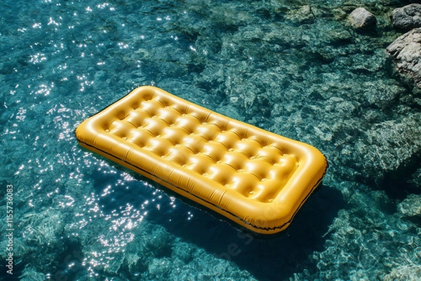 Fototapeta Yellow inflatable mattress for relaxing on the water next to the rocky shore.