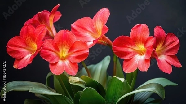 Fototapeta Vibrant red flowers with yellow centers beautifully arranged in a lush green pot ideal for ornamental planting and attractive indoor decor.