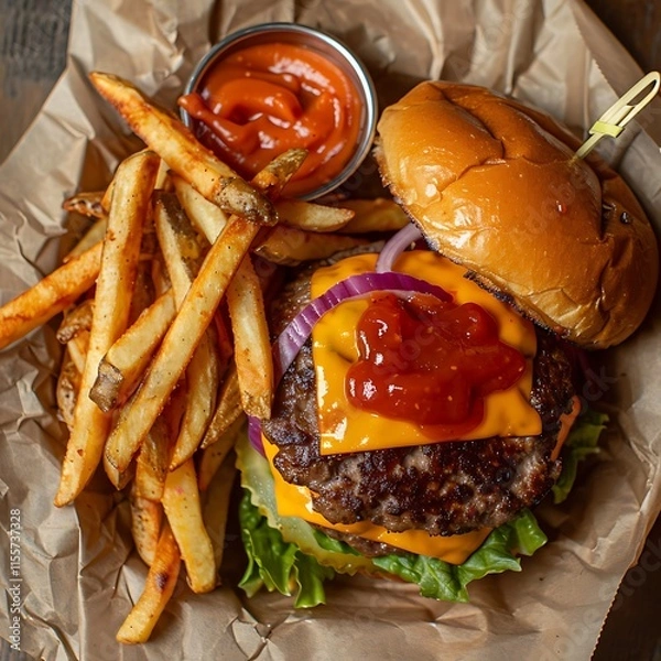 Fototapeta Overhead view of a delicious burger with melted cheese, lettuce, and red onions, served with crispy golden fries and a side of red sauce. A tempting meal on textured paper.

