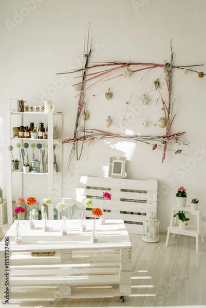 Fototapeta Wooden shelf with decorative elements in white minimalist interior