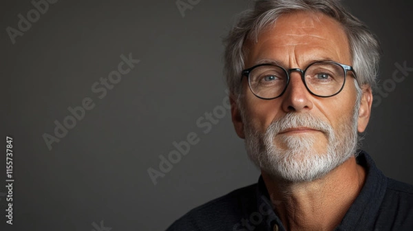 Fototapeta Mature man with glasses and beard gazes thoughtfully at the camera in a studio setting with neutral background. Portrait photography for lifestyle visuals.
