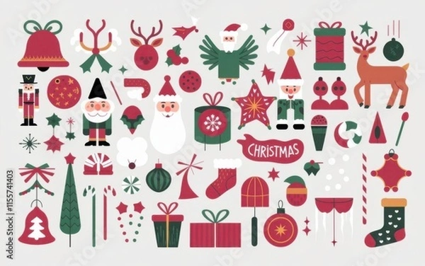 Fototapeta  Set of red Christmas elements including Santa, deer, and cookie