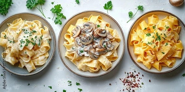 Fototapeta Three delicious pasta dishes presented in elegant bowls with fresh herbs, showcasing different sauces and toppings