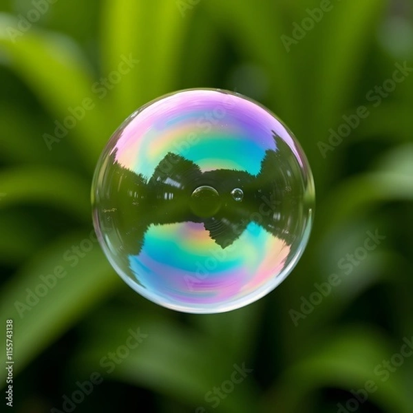 Fototapeta Colorful rainbow bubble floating against lush green backdrop