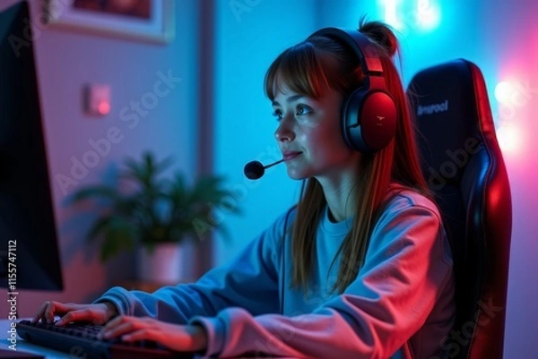 Fototapeta Female gamer in gaming chair illuminated by neon blue and red lighting, wearing headset with microphone while focused on computer screen. 
