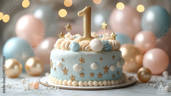 Obraz First Birthday Cake with Stars and Balloons: A delicate blue and gold frosted cake with a golden "1" candle, surrounded by pastel balloons and sparkling lights.