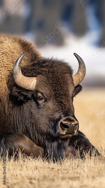 Fototapeta Close-up of a bison resting in a dry grassy field, showcasing its large horns and thick fur