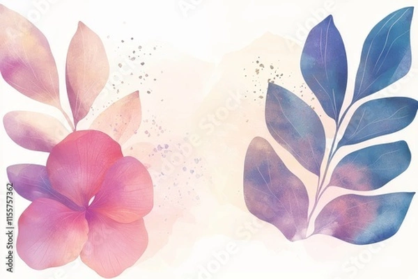 Obraz A luxurious botanical watercolor illustration with large tropical leaves and delicate orchids in shades of emerald green, bright coral, and pale yellow, accented with shimmering gold highlights 