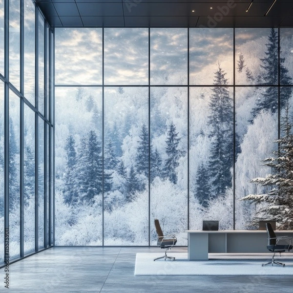 Fototapeta winter morning in a modern office space with large windows showcasing snow-covered trees,