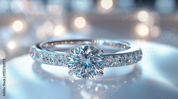 Fototapeta Sparkling diamond engagement ring on reflective surface