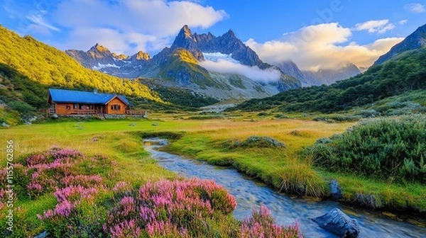 Fototapeta Serene Valley Surrounded by Majestic Mountains