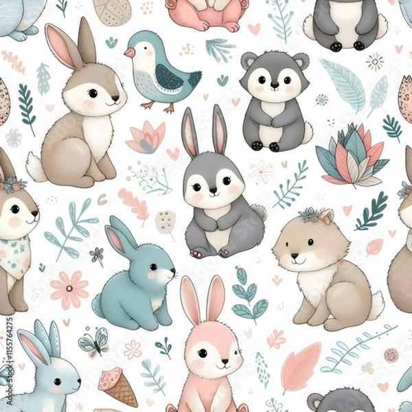 Fototapeta Children's wallpaper. Seamless pattern with rabbits, rodents and birds.