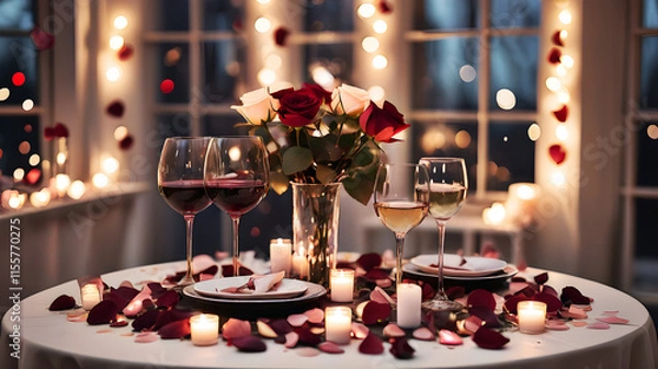 Fototapeta A romantic dinner table setup with candles, wine glasses, and rose petals, set against a blurred background of glowing fairy lights.