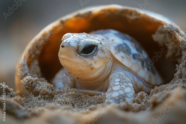 Fototapeta A close-up view of a single turtle embryo within a semi-transparent egg, resting in a nest of damp sand. 