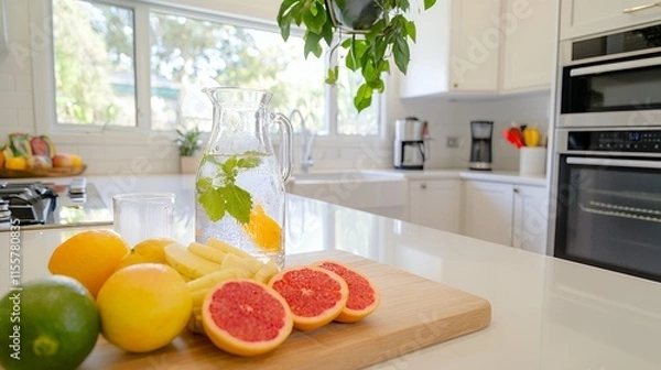 Fototapeta Refreshing Citrus Infused Water on a Kitchen Countertop