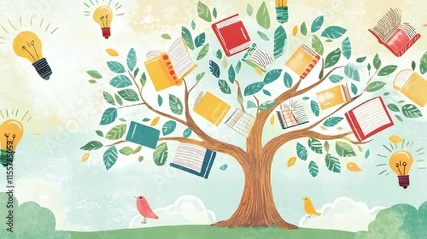 Obraz The Tree of Knowledge: A whimsical illustration depicting a tree laden with books and lightbulbs, symbolizing the growth of ideas and learning.