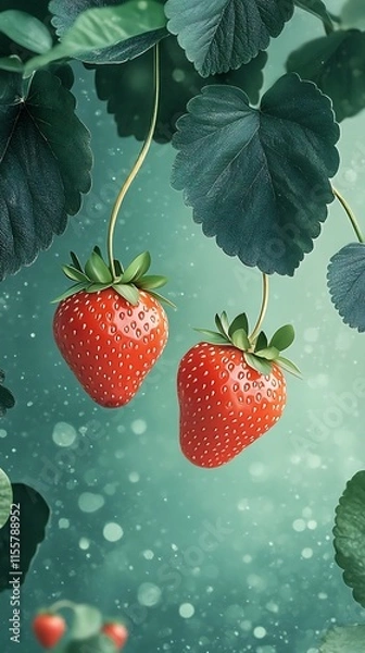 Fototapeta Realistic digital painting depicting two ripe strawberries hanging from a slender brown stem against a blurred green background