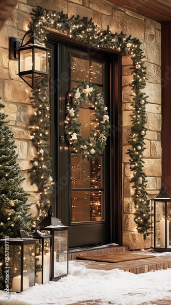 Fototapeta Elegant garland, soft lanterns, wreath, and twinkling Christmas tree exude warmth-2
