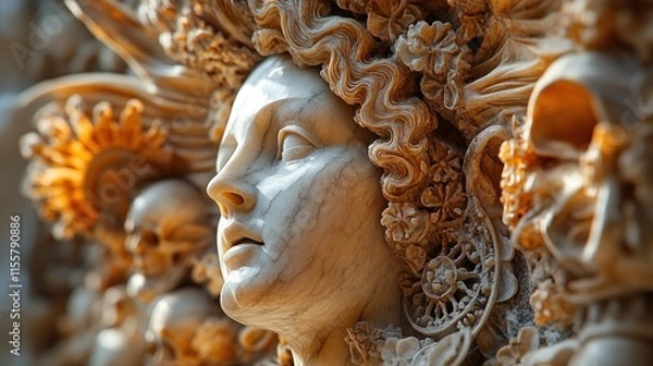 Obraz Detailed close-up of a carved female figure, ornate details, light and shadow, classical art, relief sculpture,  intricate patterns.