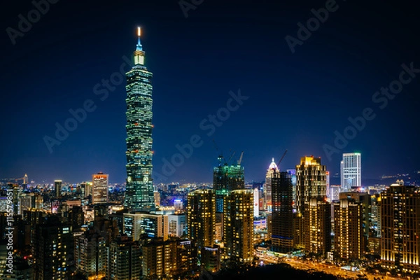 Fototapeta View of Taipei 101 and the Taipei skyline at night, from Elephan