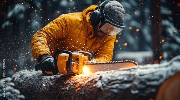 Fototapeta Focused lumberjack in winter forest using chainsaw, sparks flying, covered in snow.