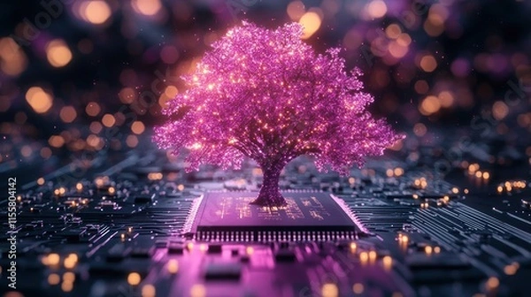Fototapeta Glowing pink tree growing from a computer chip.