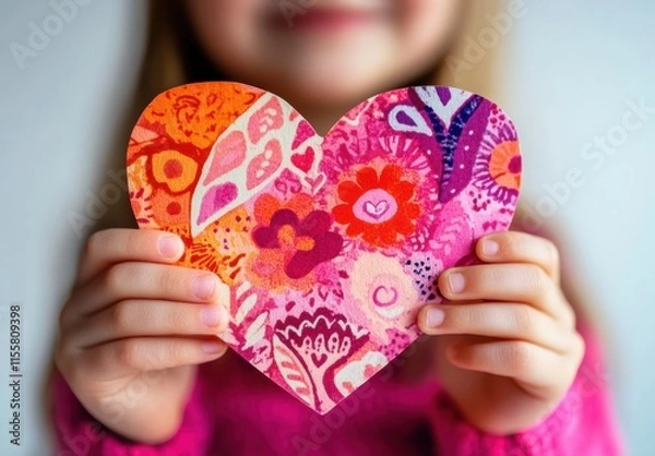 Fototapeta A child holds a vibrant, handmade heart filled with patterns while celebrating love on St. Valentine Day, radiating joy and affection