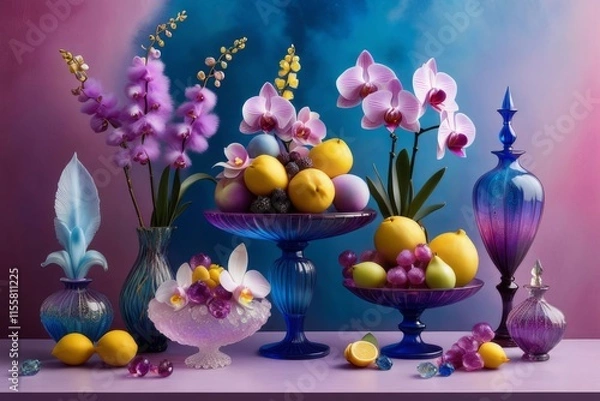 Fototapeta Vibrant orchids in glass vases, accented by lemons and colorful beads. Soft pastel gradient enhances artistic composition. Suitable for floral, home decor, or lifestyle concepts.