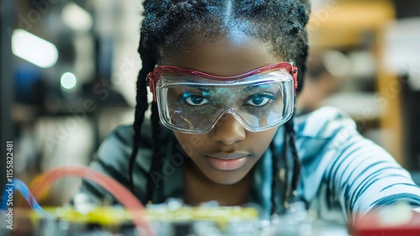 Fototapeta African American high school student wearing protective goggles, soldering electronics in a science and technology workshop, showcasing digital innovation in education.

