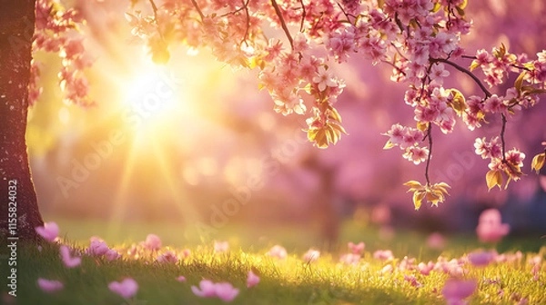 Fototapeta Beautiful natural scene with a blooming tree and sun flare, capturing the essence of spring.