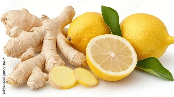 Fototapeta Lemon ginger tea with lemon slices and fresh ginger on a White background