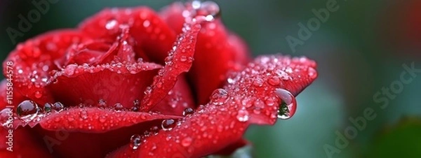 Fototapeta A close-up of a red rose with water droplets, highlighting its beauty and freshness.