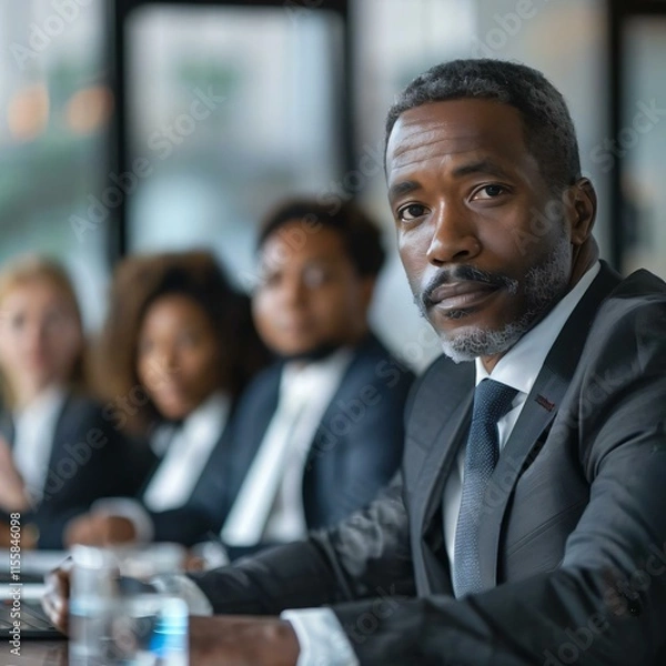 Fototapeta Suited businessman sits conference table looking directly camera serious expression