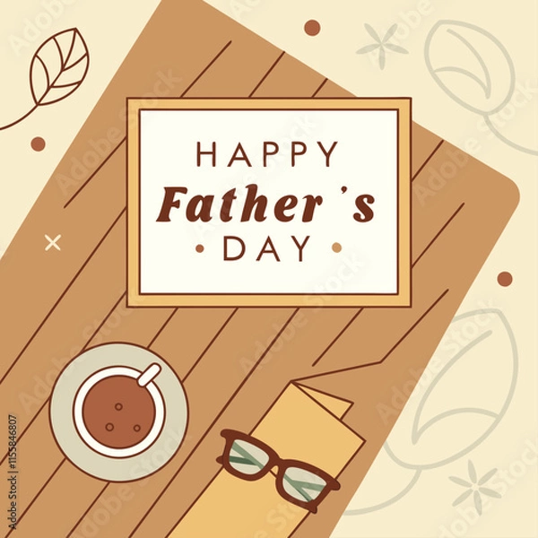 Fototapeta A warm, rustic scene featuring a cozy wooden table with coffee, a Father’s Day card, and glasses, perfect for celebrating dads.