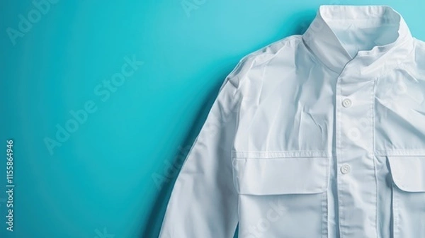 Fototapeta Protective white chemical jacket on a blue background showcasing collar, pockets, and buttons with space for branding or text insertion.