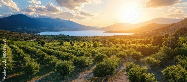 Fototapeta Aerial view of lush fruit orchards by a tranquil lake surrounded by mountains during a stunning sunset with space for text overlay